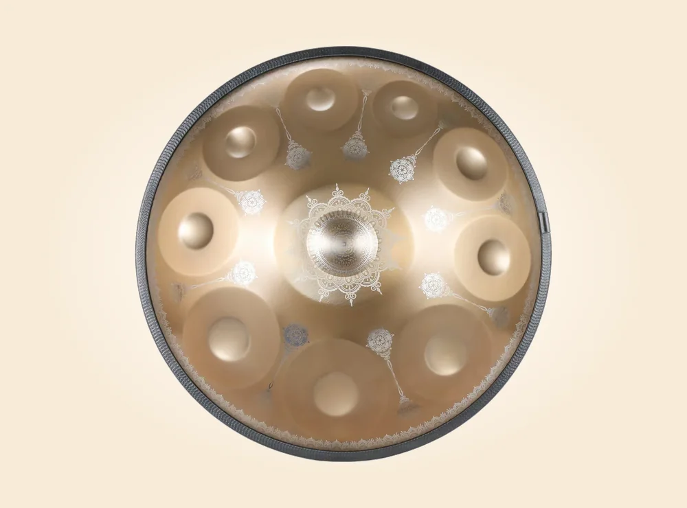 Custom handpan mandala gold pattern finish detail for OEM order